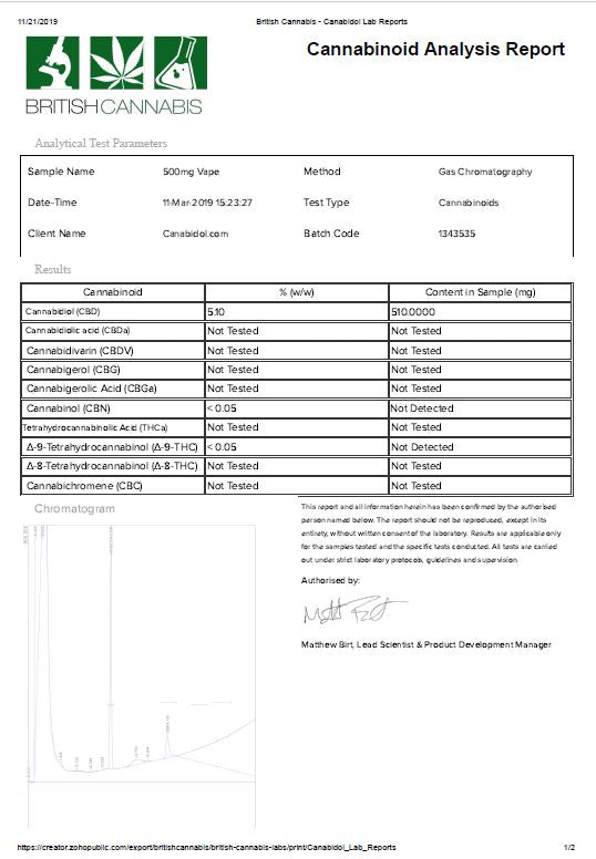 CBD by British Cannabis 500mg CBD Vape E-liquid 10ml - Vape Center