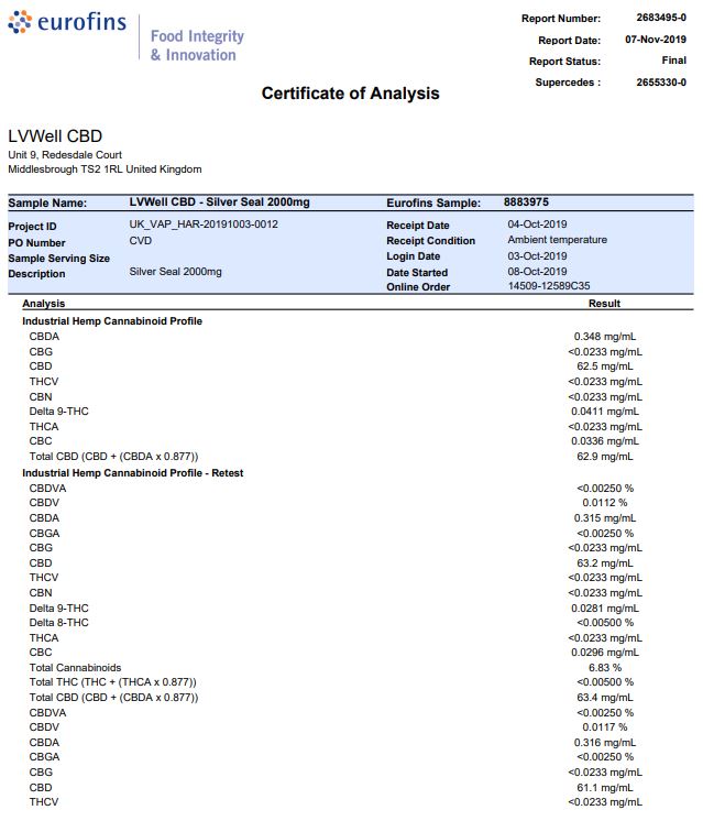 LVWell CBD Silver Seal 2000mg 30ml Hemp Seed Oil - Vape Center