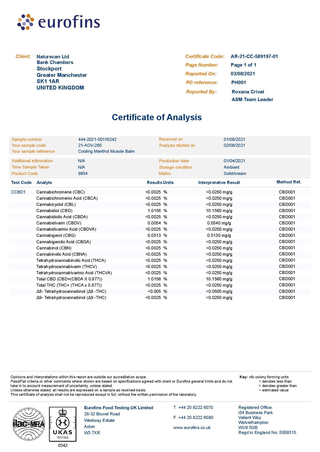 Naturecan 1000mg CBD Cooling Menthol Muscle Balm - 100ml - Vape Center