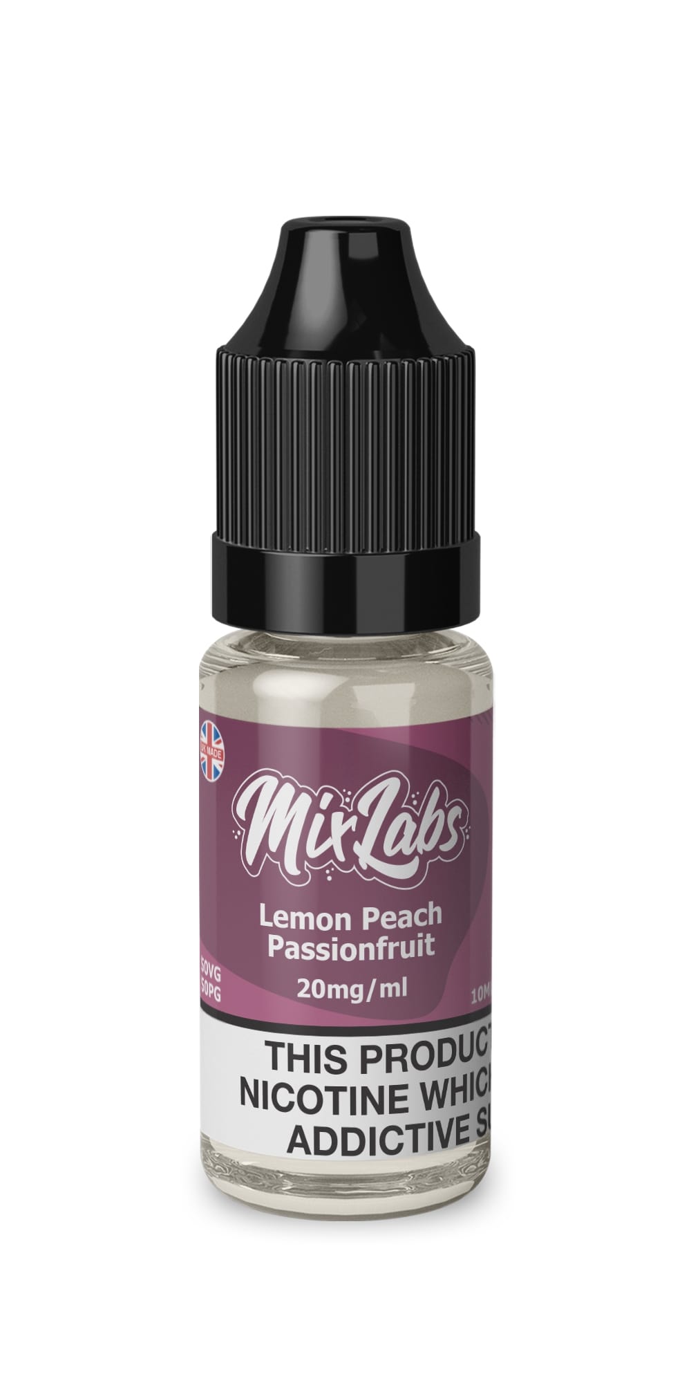 Vape juice bottle with purple label on a white background