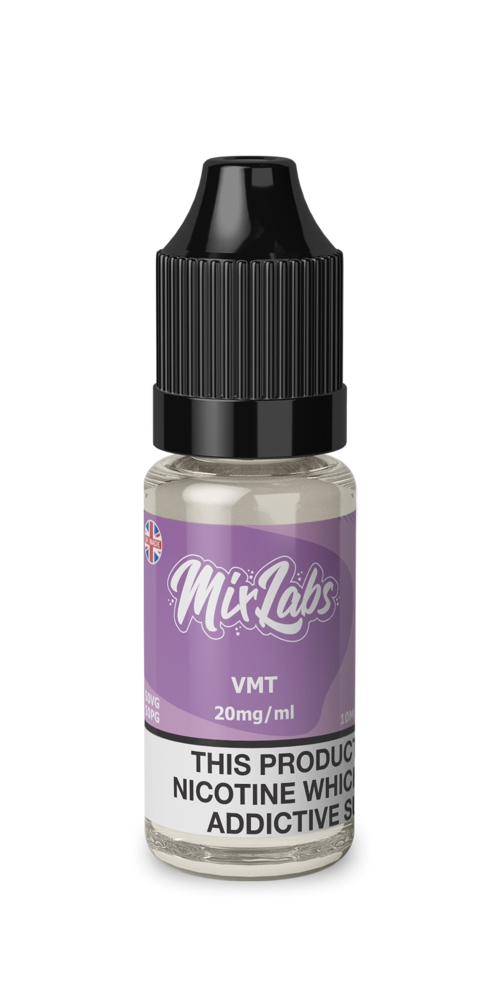 Vape juice bottle with purple label on a white background
