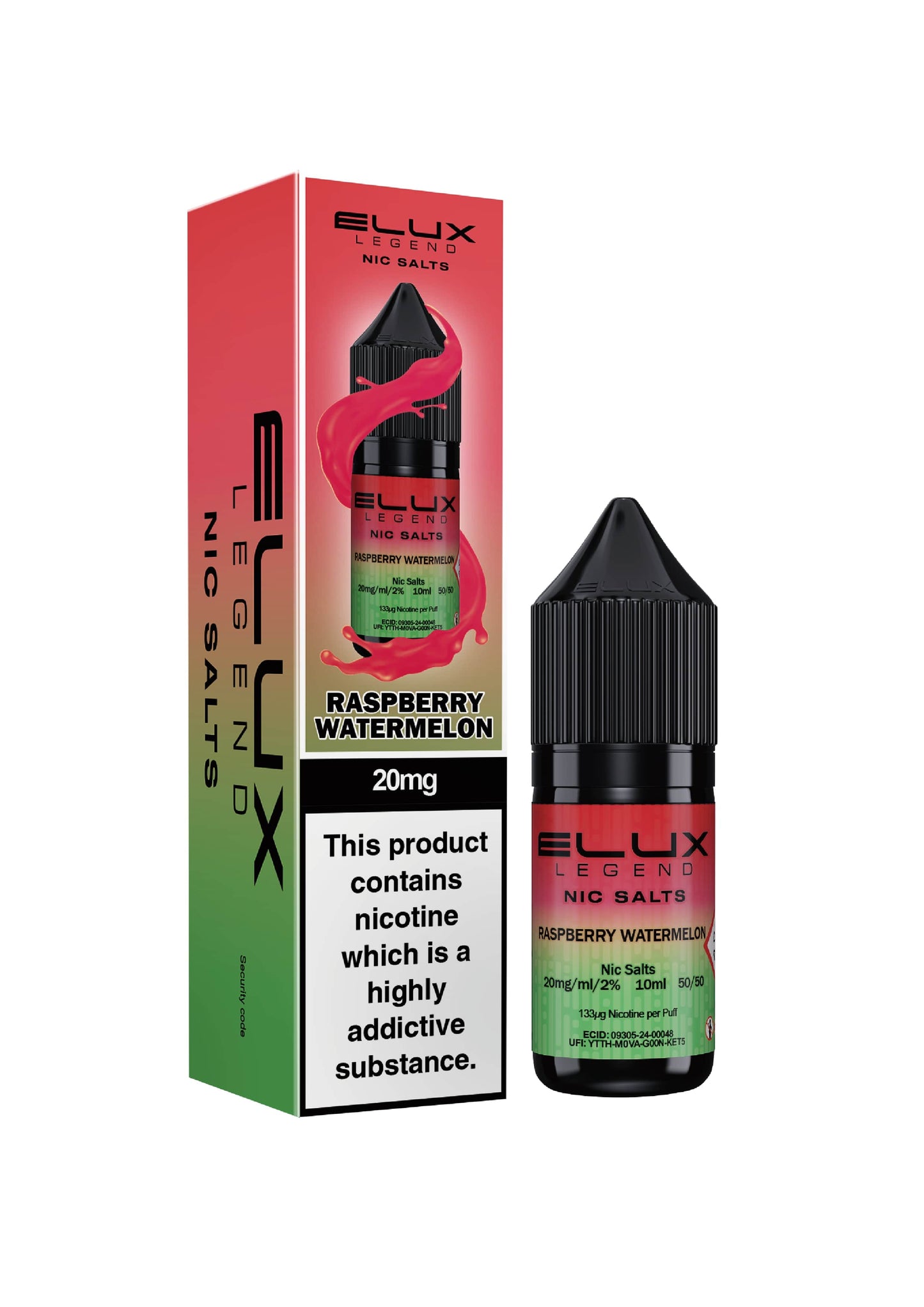 Elux Legend Nic Salts Raspberry Watermelon vape juice packaging on a white background