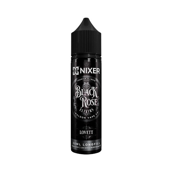 Nixer Black Rose Elixirs Lovett vape juice bottle on a white background