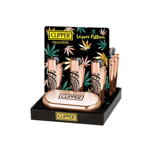12 Clipper CMP11R Metal Flint Rose Gold Leaves Pattern Lighters - CM3S002UK - Vape Center