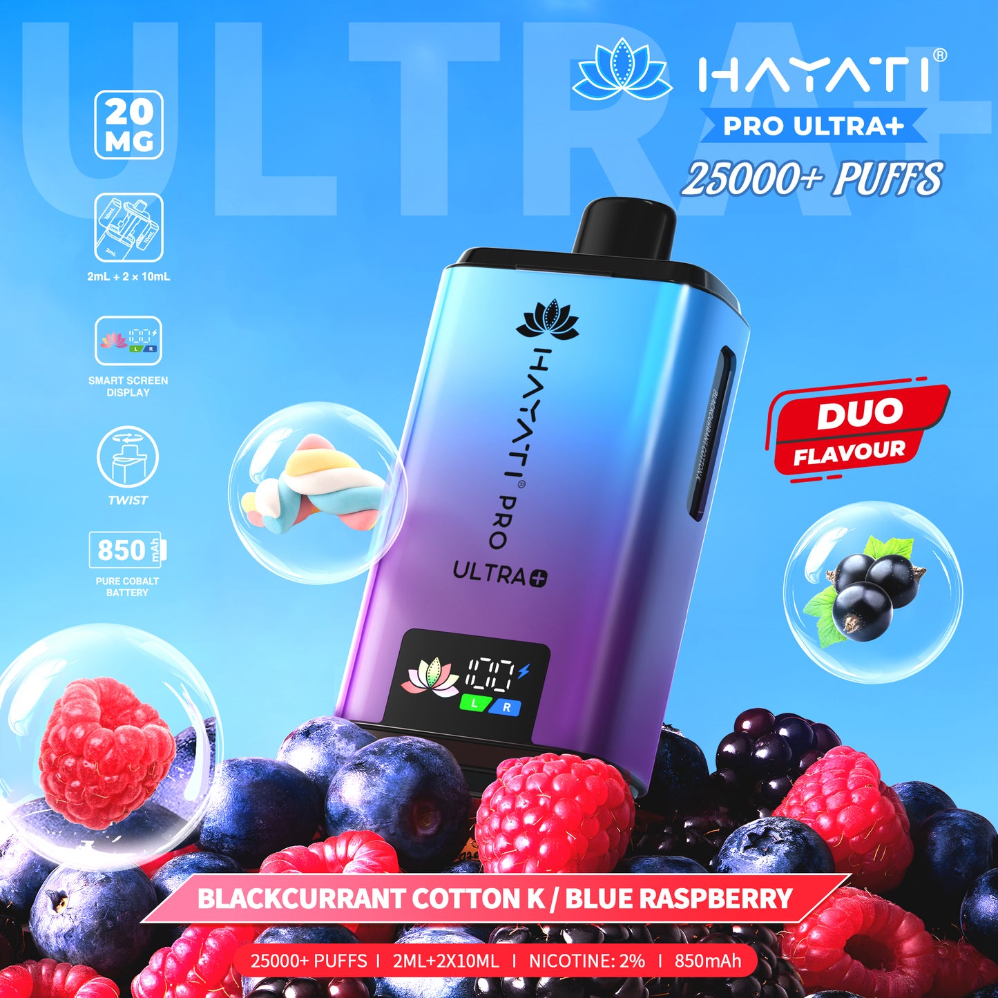 Hayati Pro Ultra+ vape device with blackcurrant and blue raspberry flavor graphics on a blue background