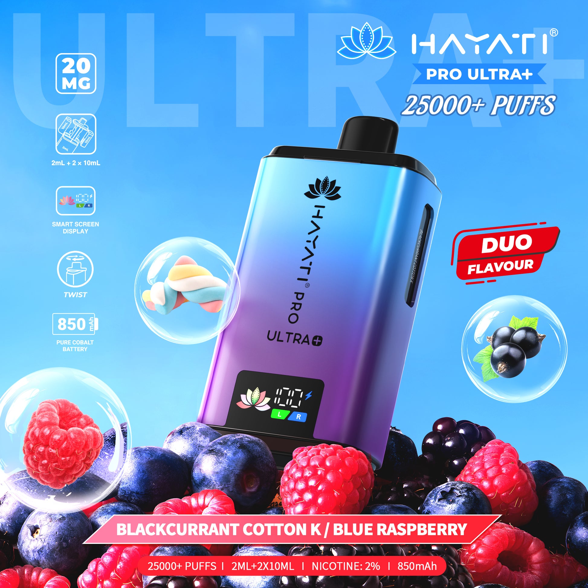 Hayati Pro Ultra+ vape device with blackcurrant and blue raspberry flavor graphics on a blue background
