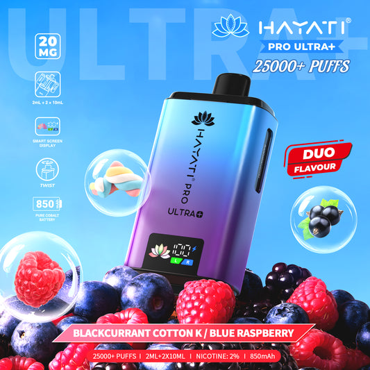 Hayati Pro Ultra+ vape device with blackcurrant and blue raspberry flavor graphics on a blue background