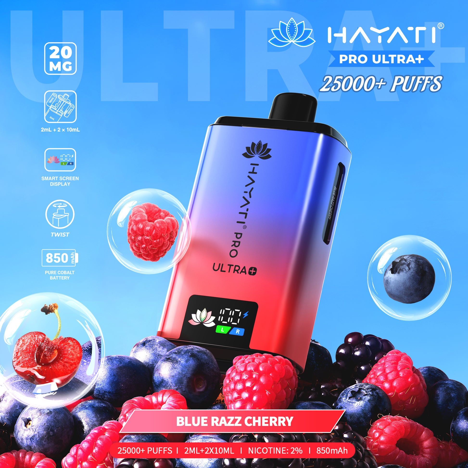 Hayati Pro Ultra+ vape device with blue and red gradient, surrounded by berries on a blue background.