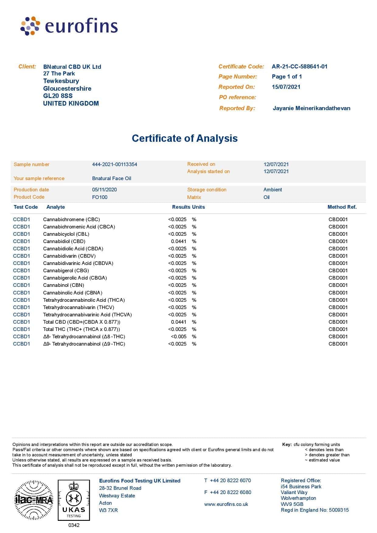 Bnatural 100mg CBD Award Winning Face Oil - 30ml - Vape Center