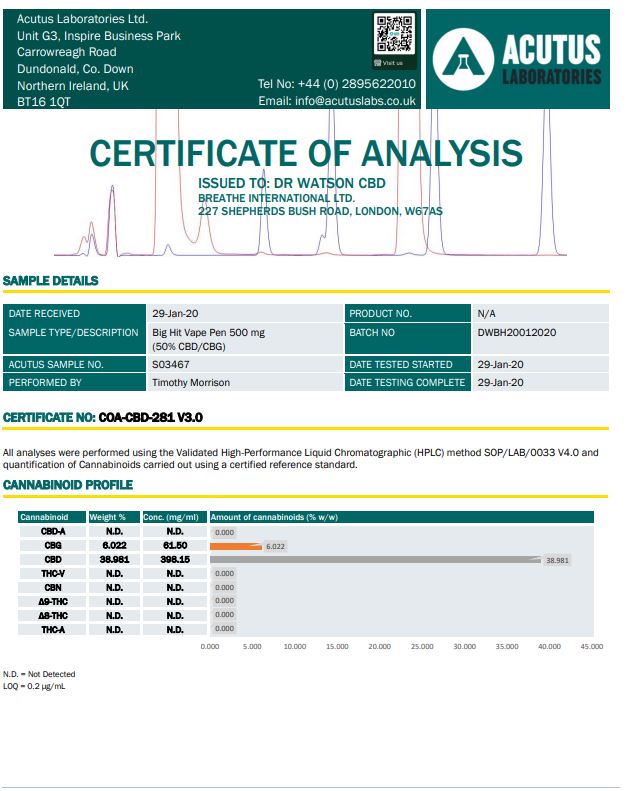 Dr Watson 500mg CBD x CBG Big Hit Disposable Vape Pen - Vape Center