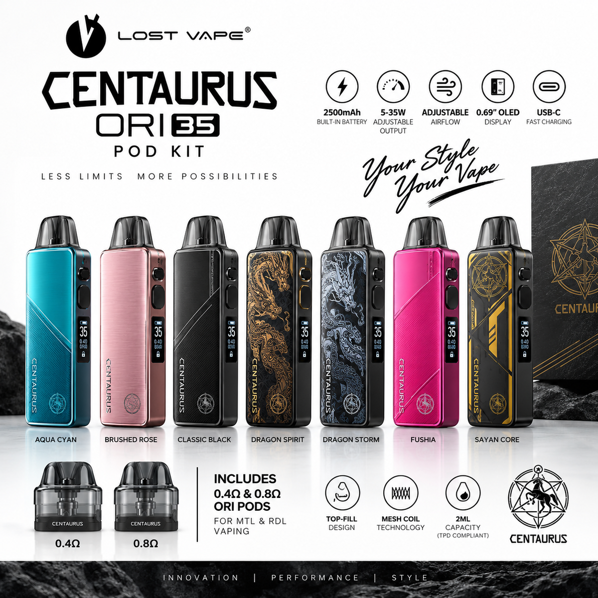 Lost Vape Centaurus ORI 35 Pod Kit in Aqua Cyan, Brushed Rose, Classic Black, Dragon Spirit, Dragon Storm, Fushia and Sayan Core