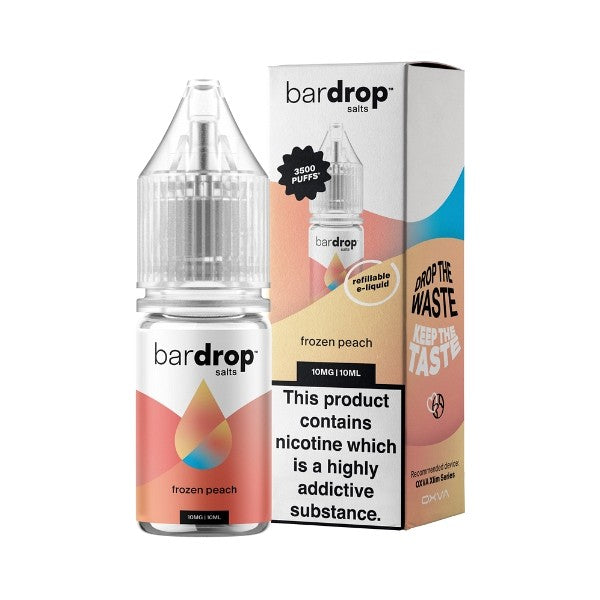 Bar Drop Salts Nic Salt Frozen Peach E-liquid in a 10ml bottle with refillable design
