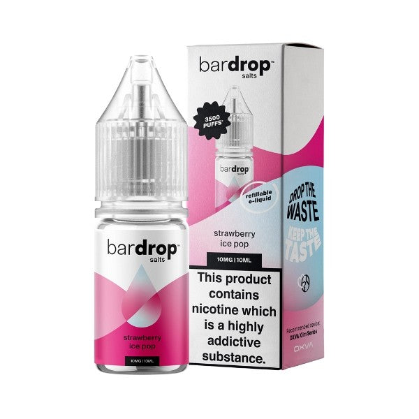 Bar Drop Salts Nic Salt Strawberry Ice Pop E-liquid in a 10ml bottle with nicotine warning