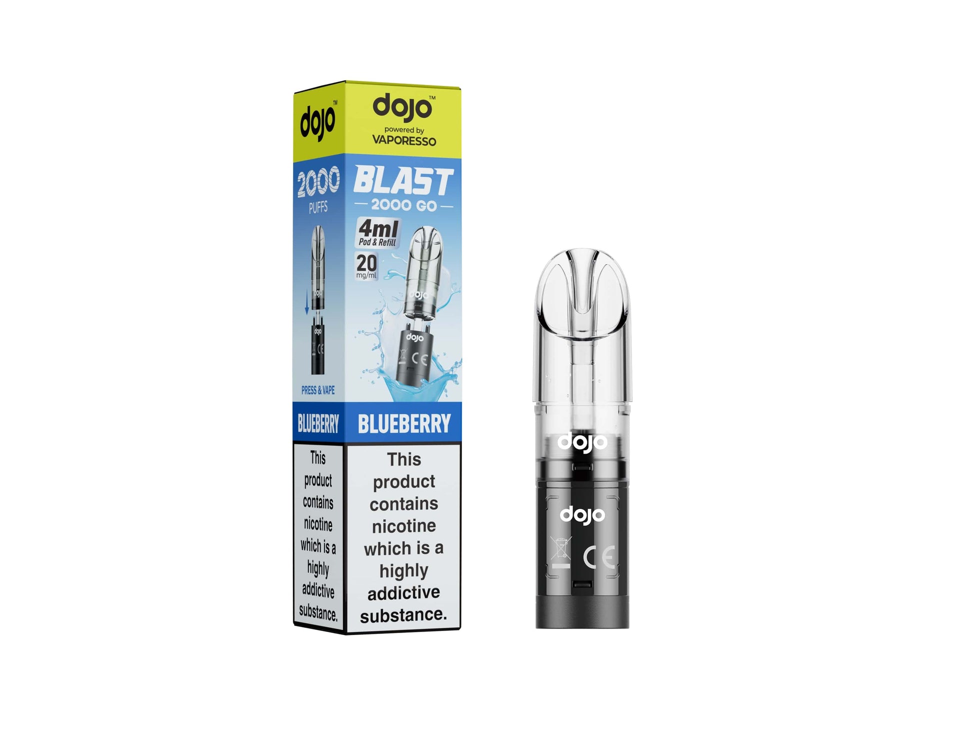 Vaporesso DOJO BLAST 20mg pod with Blueberry flavor in a 4ml cartridge packaging