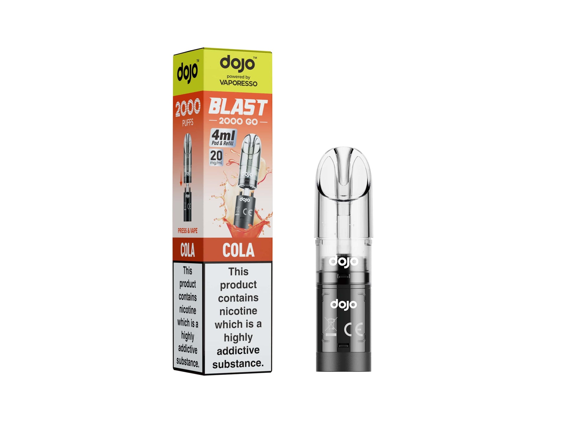 Vaporesso DOJO BLAST 20mg pod in Cola flavor with 4ml capacity and high-quality design