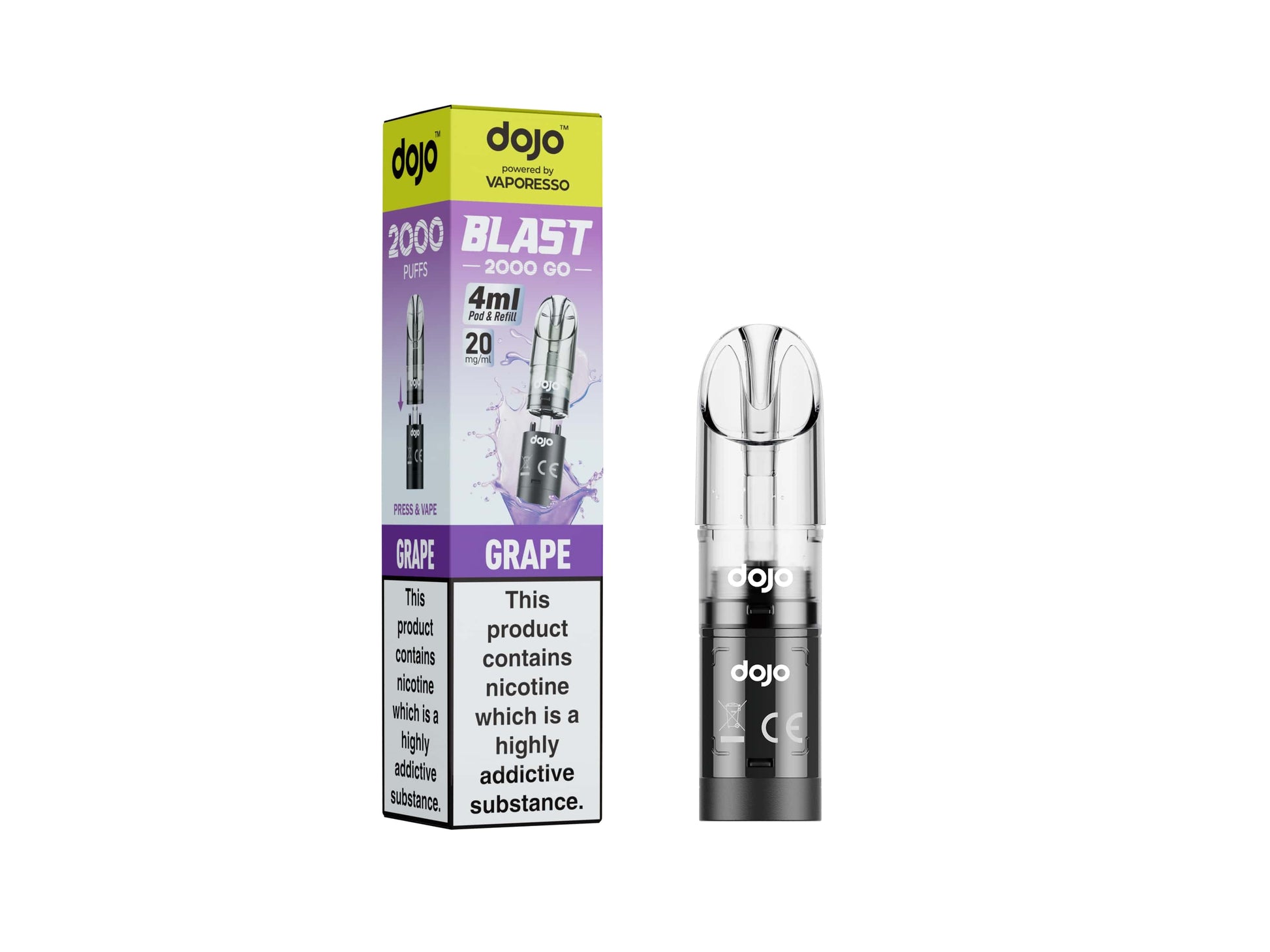 Vaporesso DOJO BLAST 20mg DOJO BLAST pod with grape flavor and 4ml capacity packaging