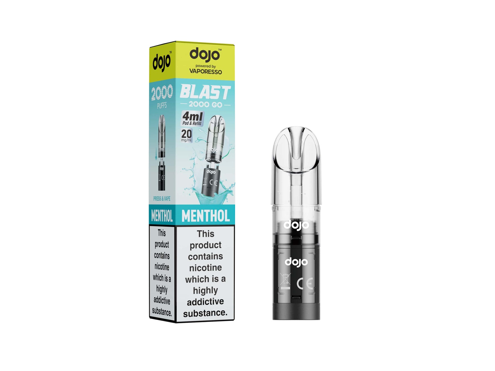 Vaporesso 20mg DOJO BLAST pod in 4ml size, featuring menthol flavor for vaping enthusiasts