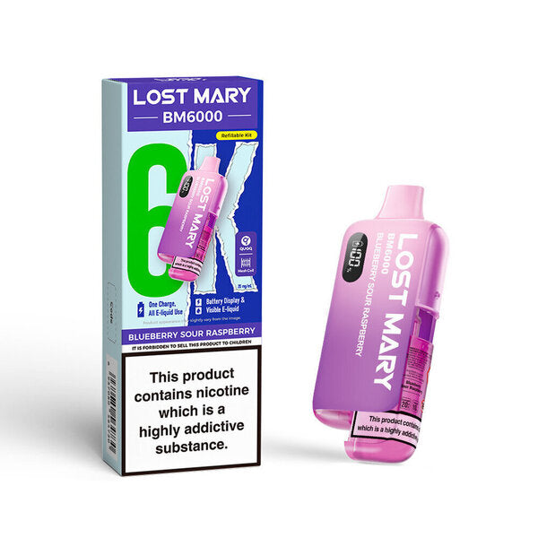 Lost Mary BM6000 pod kit in Blueberry Sour Raspberry flavor with vibrant packaging and display screen