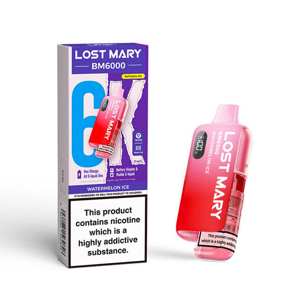Lost Mary BM6000 pod kit in Watermelon Ice flavor with vibrant packaging and informative warning label