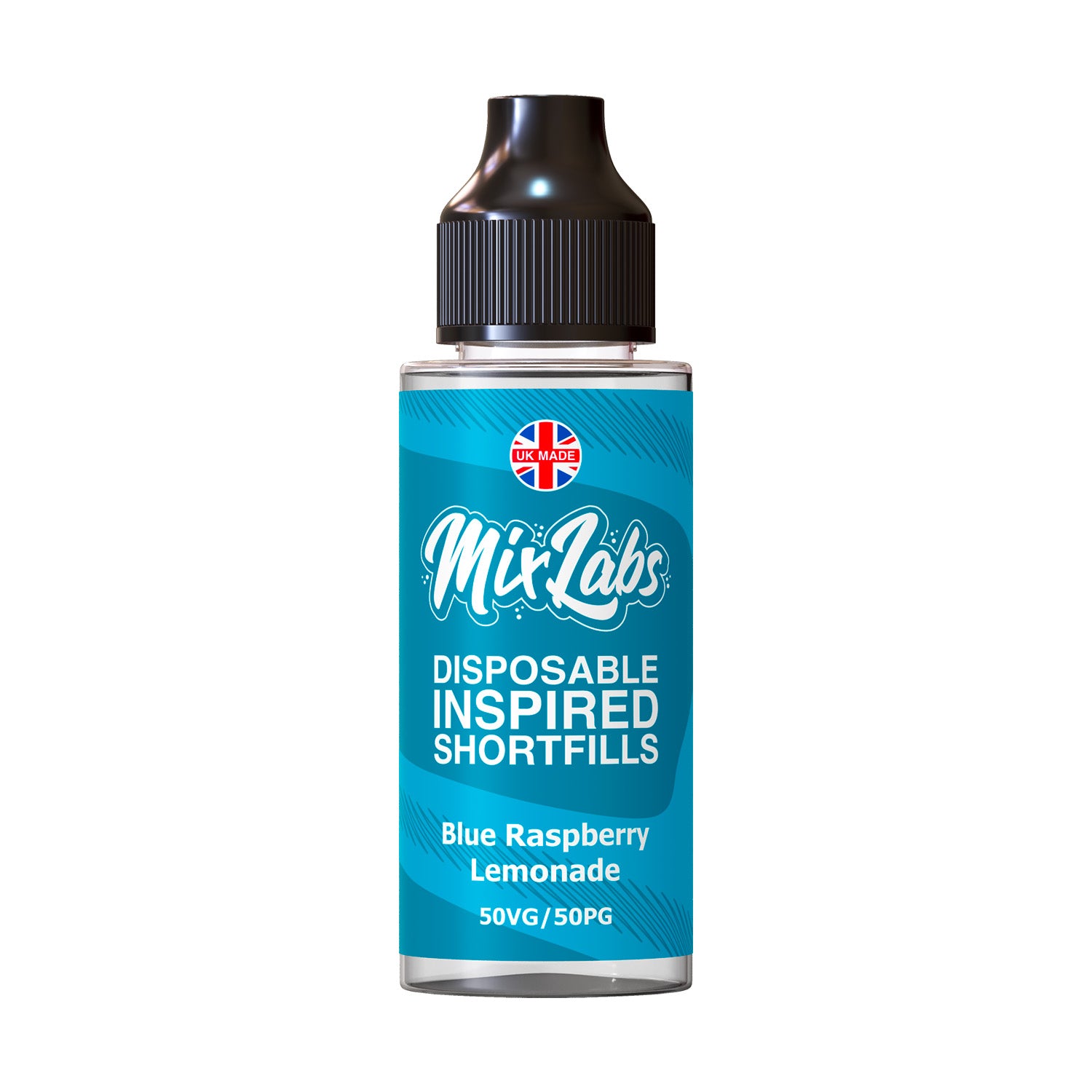 Mix Labs inspired shortfills bottle with blue label on a white background