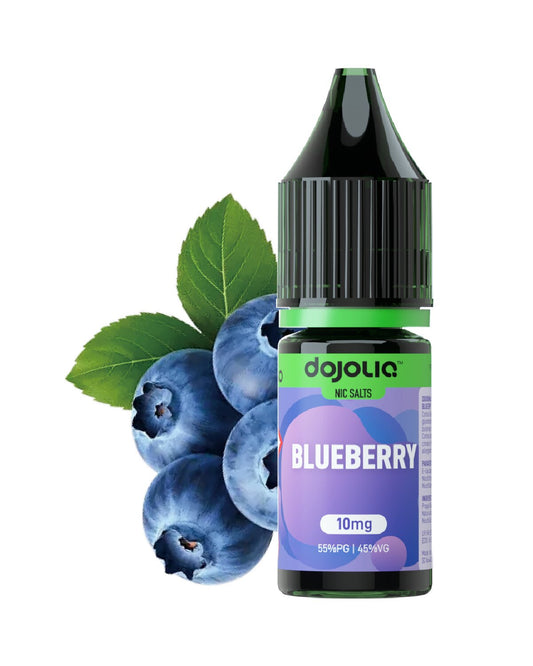 Bottle of Dojoy Blueberry nicotine salt with blueberries and leaves on a white background