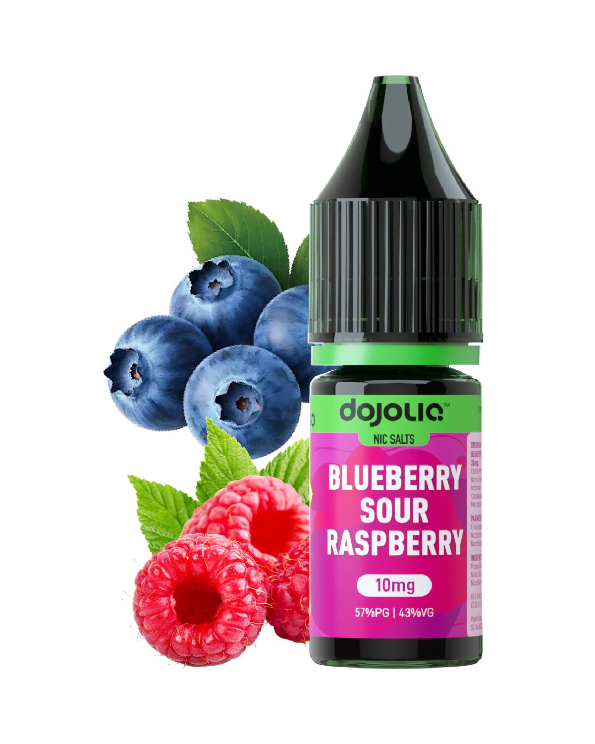Bottle of Dojoy Blueberry Sour Raspberry nicotine salt with blueberries and raspberries on a white background