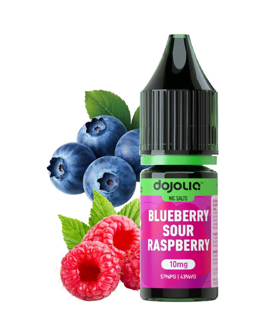 Bottle of Dojoy Blueberry Sour Raspberry nicotine salt with blueberries and raspberries on a white background