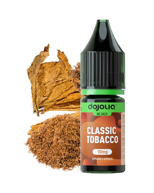 Dojoy Classic Tobacco nicotine salt bottle with tobacco leaves on a white background