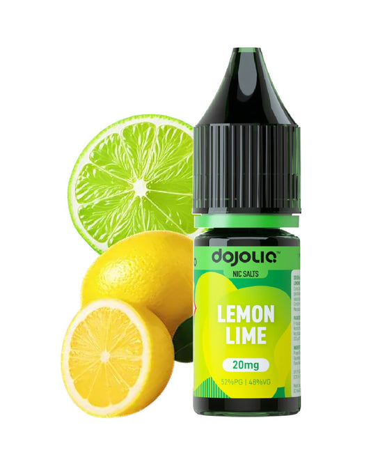 Bottle of Dojoy Lemon Lime vape juice with lemons and a lime on a white background