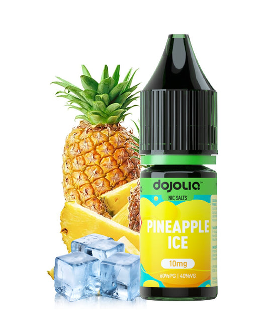 Bottle of Dojoy Pineapple Ice vape juice with a pineapple and ice cubes on a white background