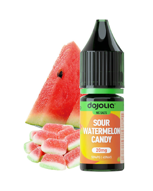 Bottle of dojoua Sour Watermelon Candy nicotine salt with watermelon slices and gummy candies on a white background
