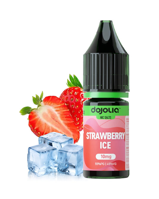 Dojoy Strawberry Ice vape juice bottle with strawberries and ice cubes on a white background