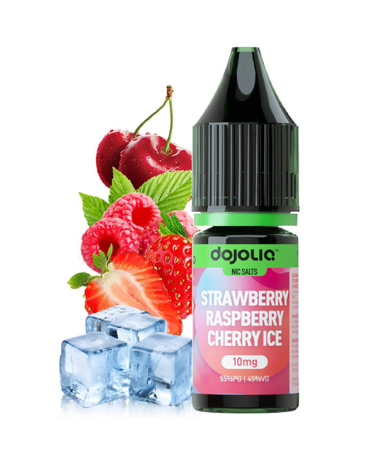 Dojoya Strawberry Raspberry Cherry Ice vape juice bottle with fruit and ice cubes on a white background