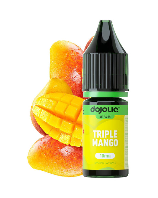 Bottle of dojolia Triple Mango vape juice with mangoes in the background