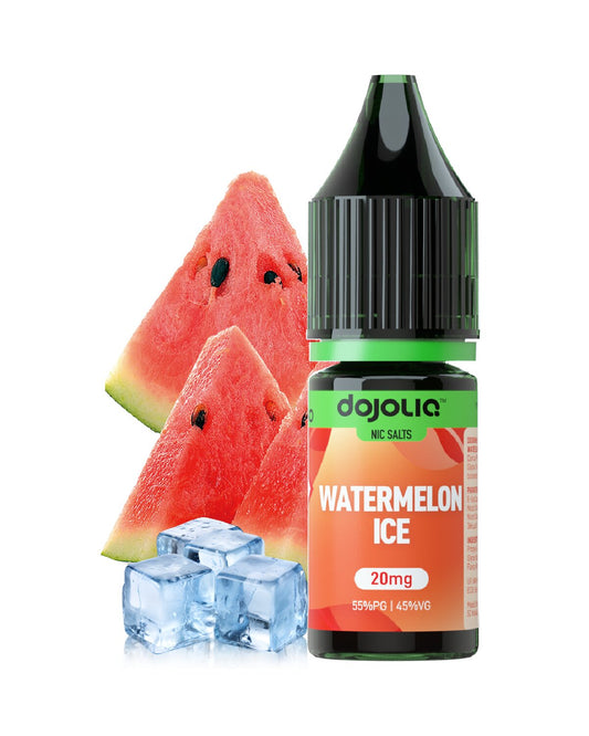 Bottle of dojolie watermelon ice vape juice with watermelon slices and ice cubes on a white background