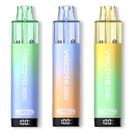 Uwell Viscore 8000 disposable vape pens in green, blue, and yellow, ideal to buy Uwell prefilled vape kits UK