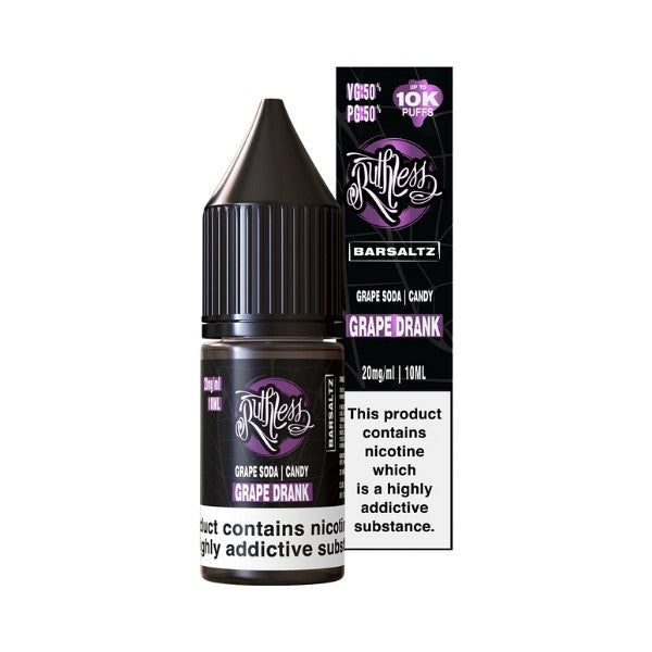 Bottle and packaging of Barsaltz Duthless Grape Drank e-liquid on a white background