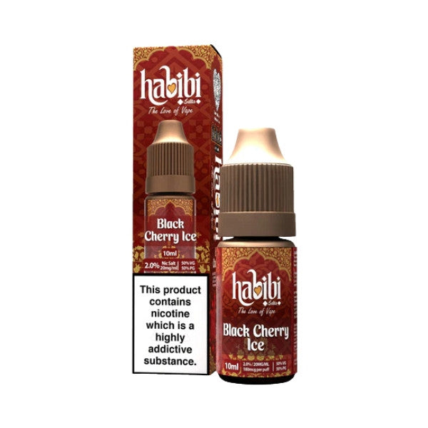 Habibi Black Cherry Ice vape juice bottle and packaging on a white background