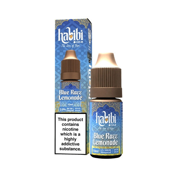 Habibi Blue Razz Lemonade vape juice bottle and packaging on a white background