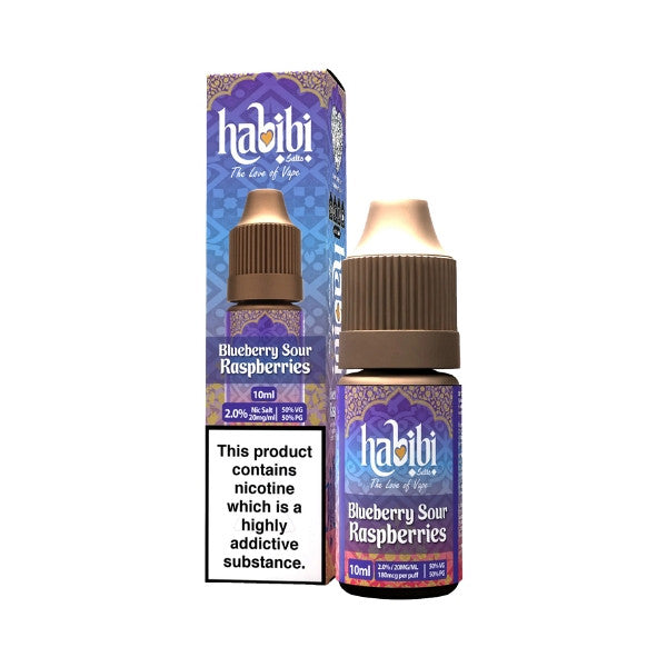 Habibi Blueberry Sour Raspberries vape juice bottle and packaging on a white background