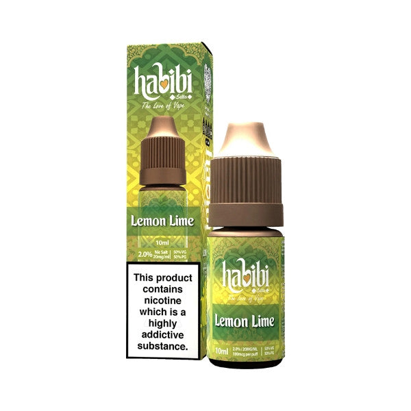Habibi Lemon Lime e-liquid bottle and packaging on a white background
