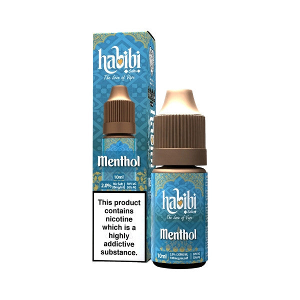 Habibi Menthol vape juice bottle and packaging on a white background