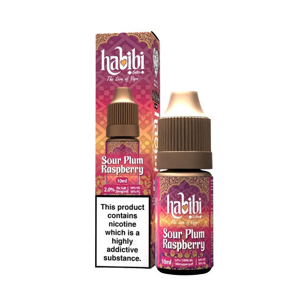 Habibi Sour Plum Raspberry vape juice bottle and packaging on a white background