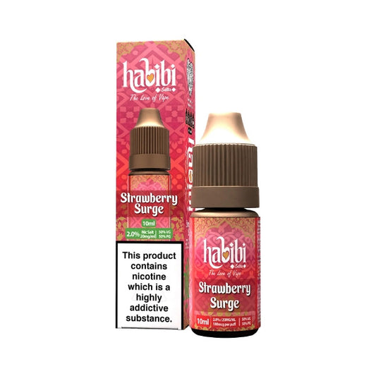 Habibi Strawberry Surge vape juice bottle and packaging on a white background