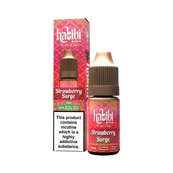 Habibi Strawberry Surge vape juice bottle and packaging on a white background