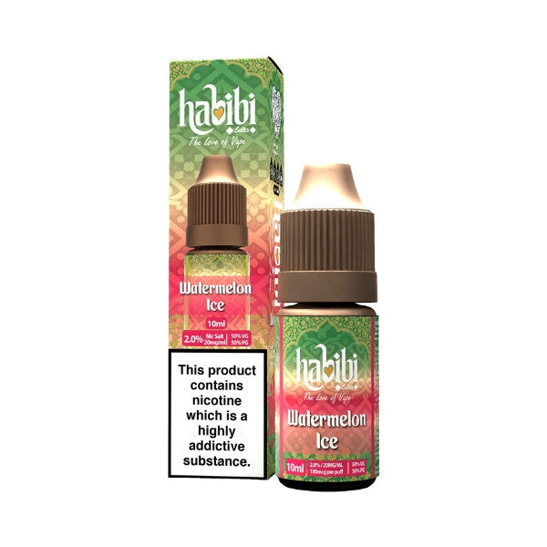Habibi Watermelon Ice vape juice bottle and packaging on a white background
